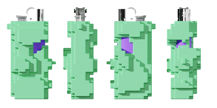 Four rendered angles of the pixel lighter case