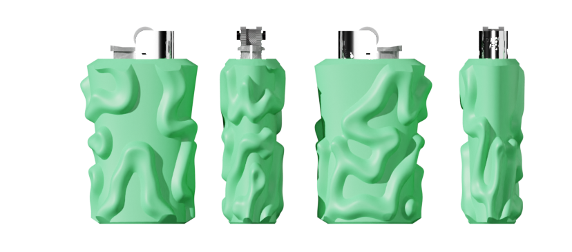 Four rendered angles of the snake lighter case